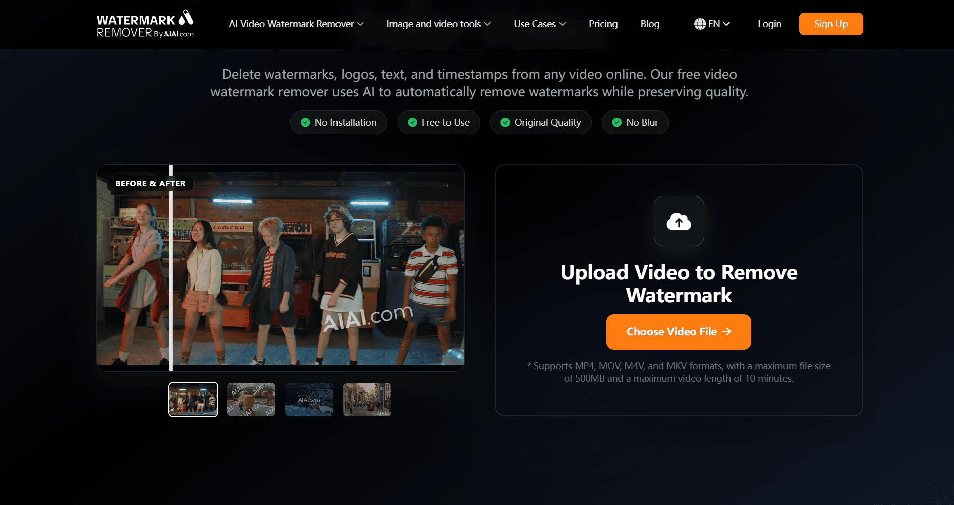 AIAI.com online AI video watermark remover interface showing before and after comparison and upload video button