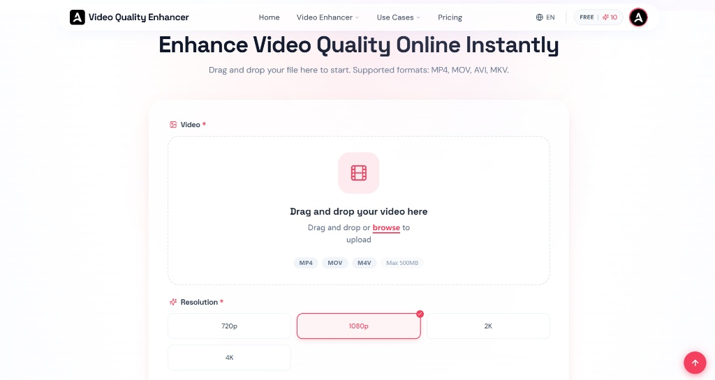 Screenshot of AIAI.com Video Quality Enhancer page showing AI tools for upscaling, noise reduction, artifact removal, and frame interpolation.