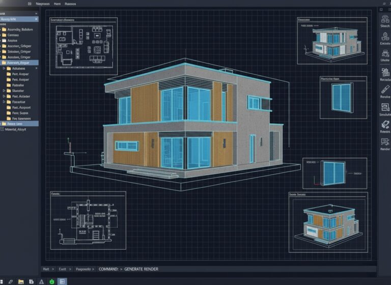 AI CAD generator interface displaying a modern two-story house 3D CAD model with architectural blueprint panels, floor plans, and design components on a digital drafting workspace.