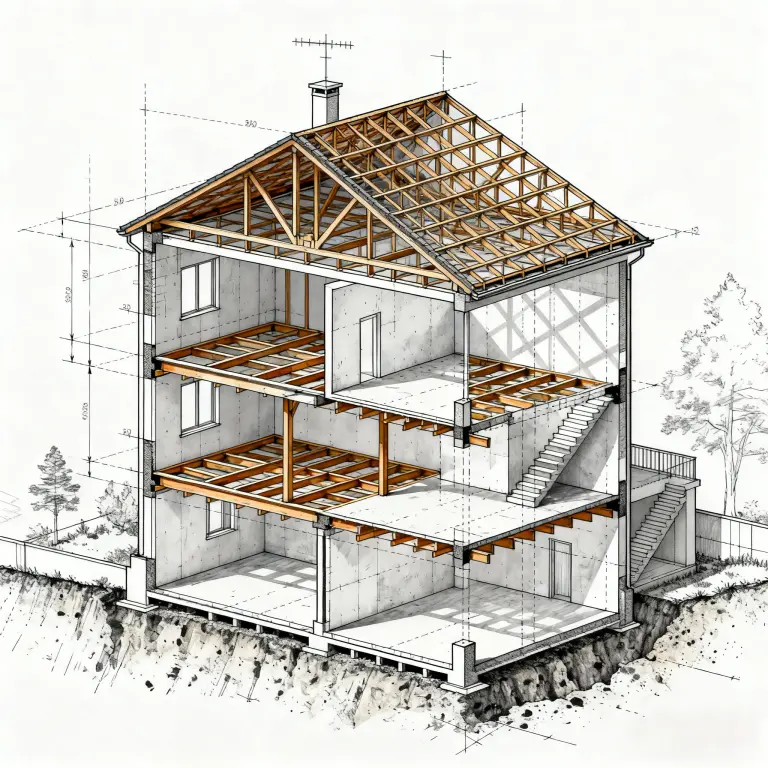 AI CAD generator example showing a detailed cutaway house CAD drawing with roof framing, floor structure, stair layout, and architectural measurements.