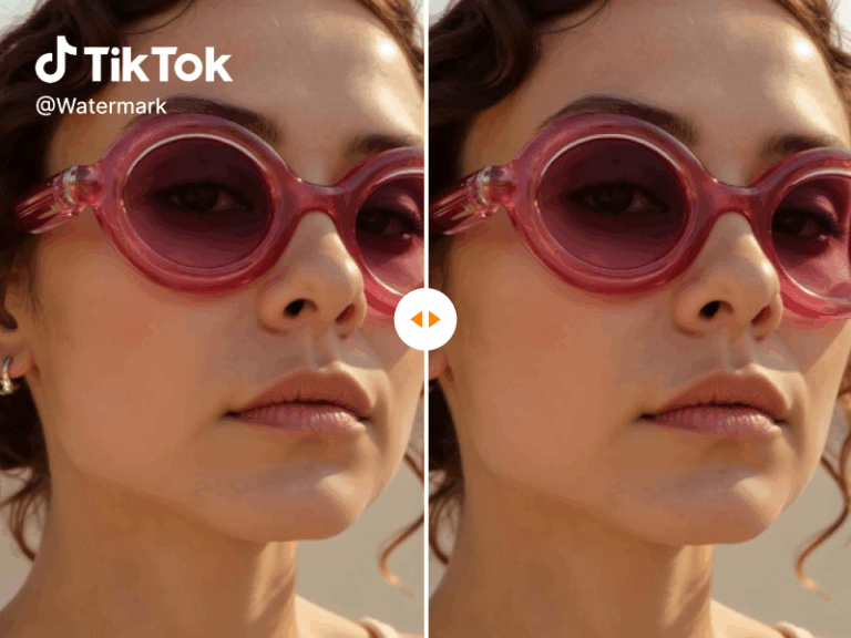 A before and after comparison showing a video with a TikTok watermark on the left, and the clean, logo-free result on the right using the AIAI.com free video watermark remover