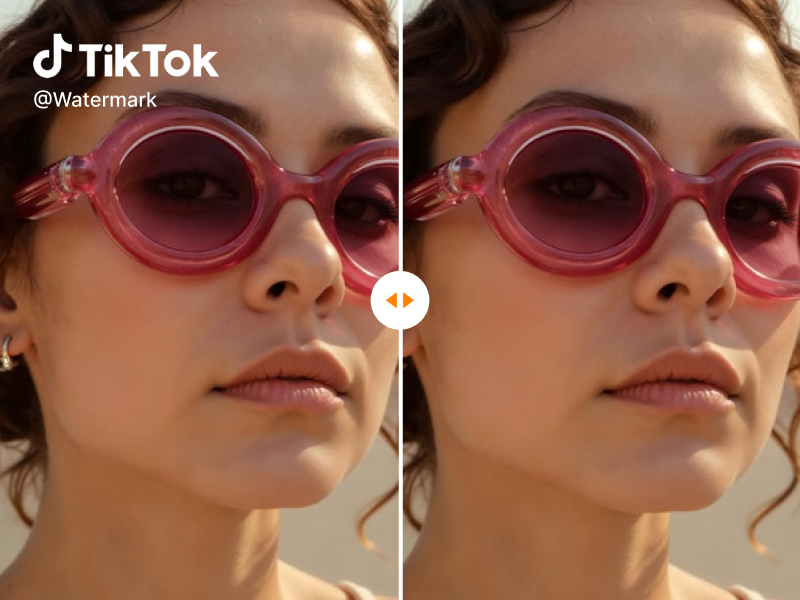 A before and after comparison showing a video with a TikTok watermark on the left, and the clean, logo-free result on the right using the AIAI.com free video watermark remover