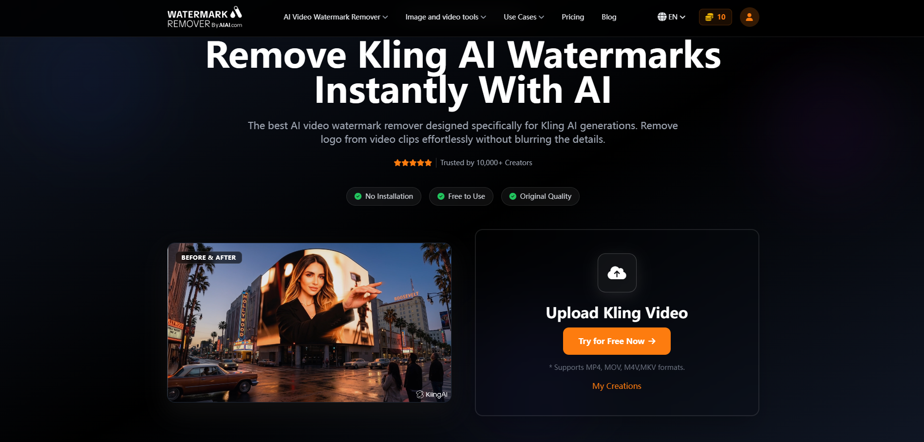 Kling AI watermark remover tool on AIAI.com removing a watermark from an AI-generated video, showing the video editing interface and watermark removal area.