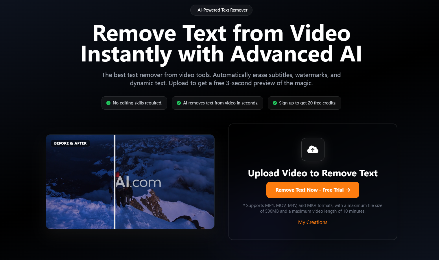The AIAI.com user interface showing a user uploading an MP4 file and viewing the free 3-second preview of the text removal process.