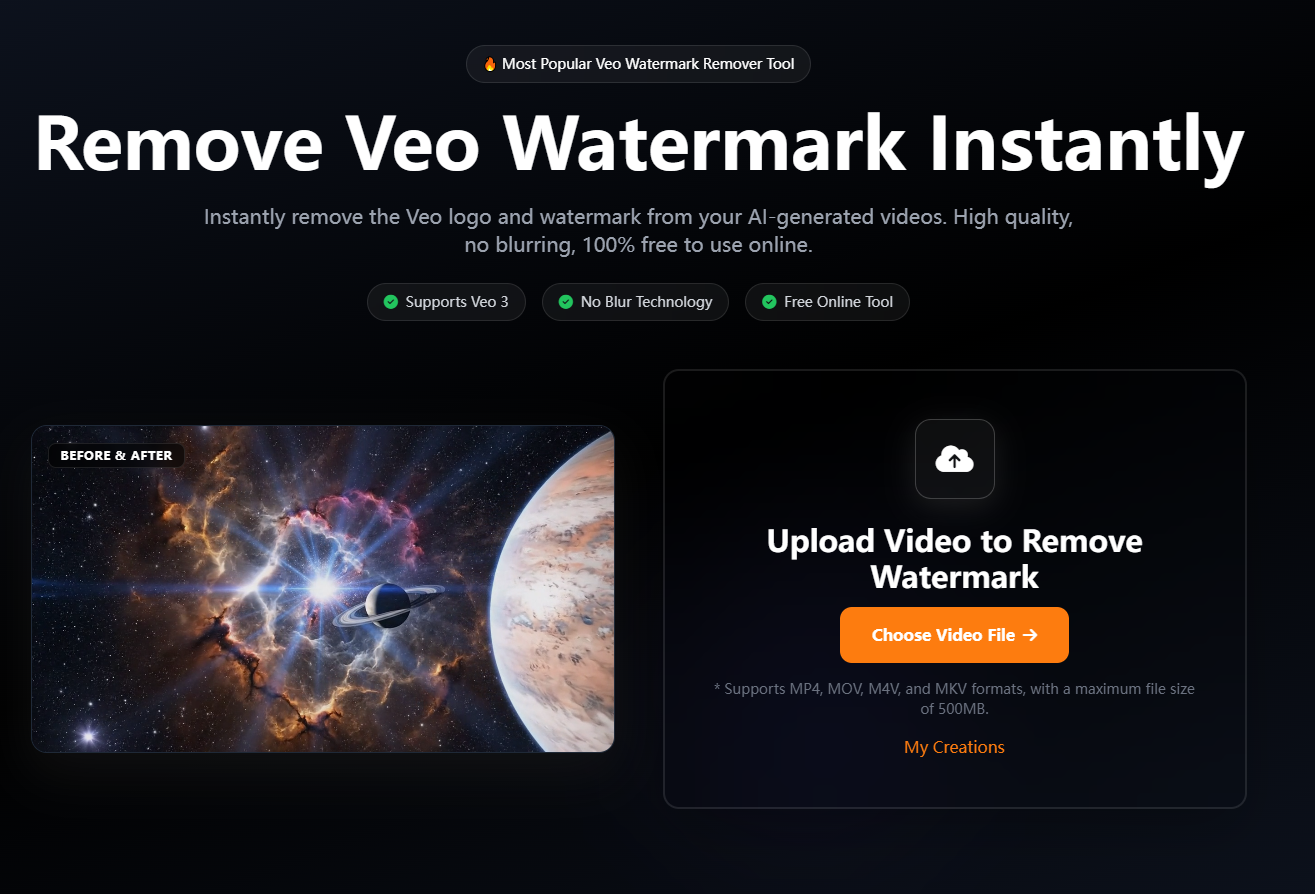 The AIAI.com user interface showing a creator uploading an MP4 file to the Veo 3 watermark remover tool.