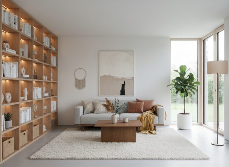 AI Home Design Generator creating a minimalist style living room interior with clean lines, neutral colors, and modern furniture