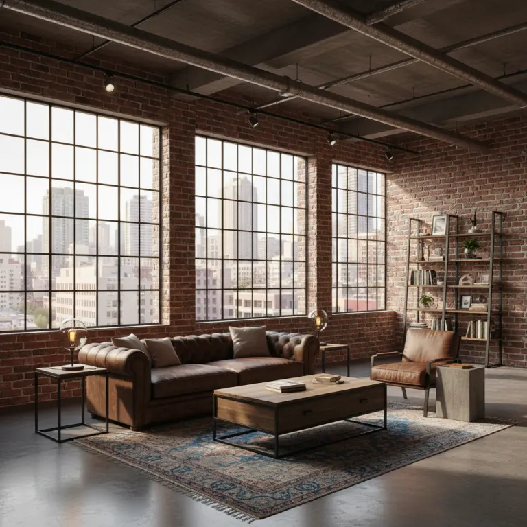 AI Home Design Generator example showing industrial style living room