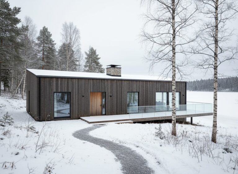 A sleek, dark timber house in a snowy pine forest, exemplifying Scandinavian Minimalism and modern sustainable design through an AI architecture generator.