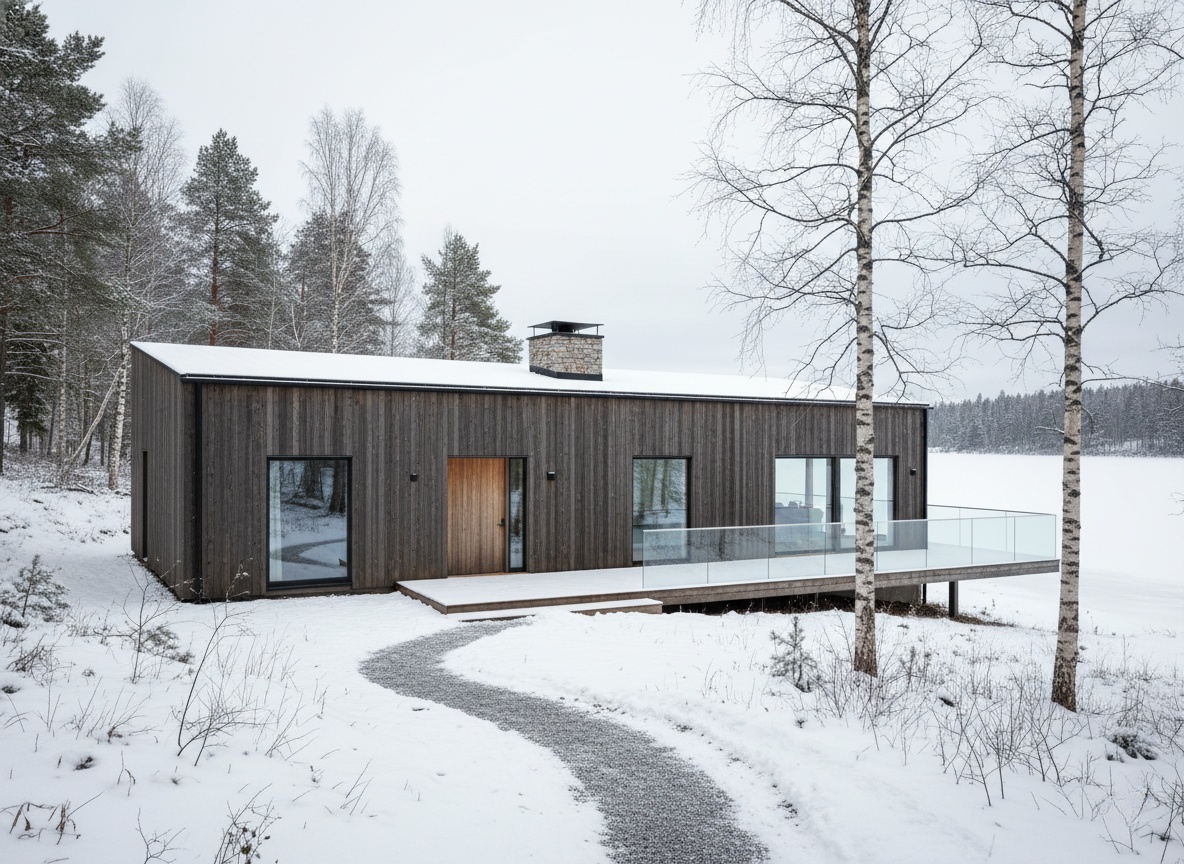 A sleek, dark timber house in a snowy pine forest, exemplifying Scandinavian Minimalism and modern sustainable design through an AI architecture generator.