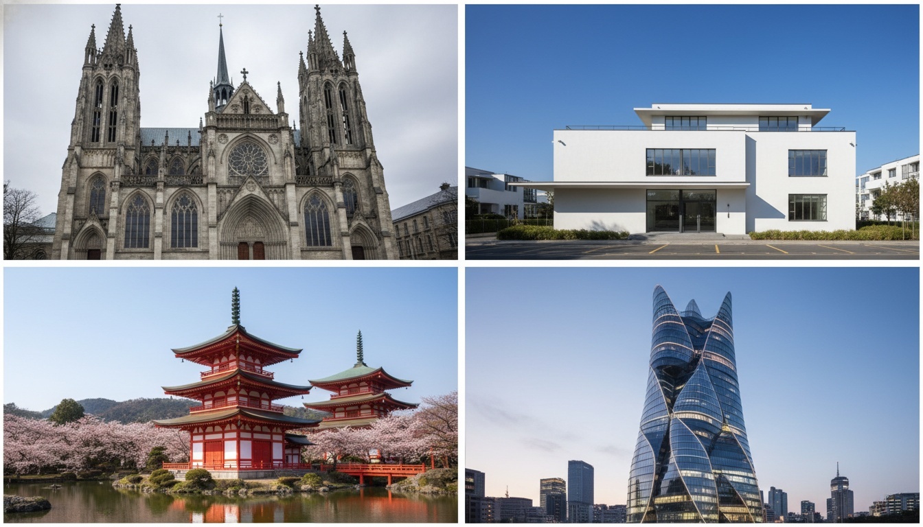A collage of four distinct architectural styles: a Gothic cathedral, a modern minimalist building, a traditional Japanese pagoda, and a twisting contemporary skyscraper. ai architecture generator.