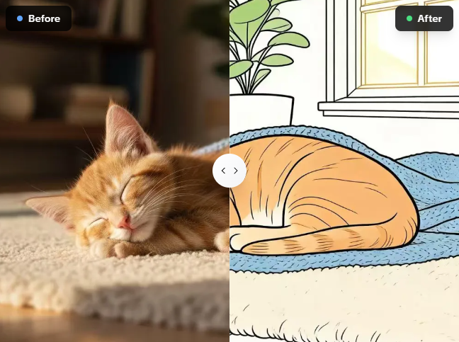 A before-and-after slider showing a photo of a cartoon orange cat sleeping under a blue blanket transformed into a clean line drawing using the AIAI photo to line drawing tool.