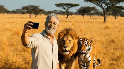 AI-generated animated image of a man posing for a photo with a lion and a tiger side by side outdoors
