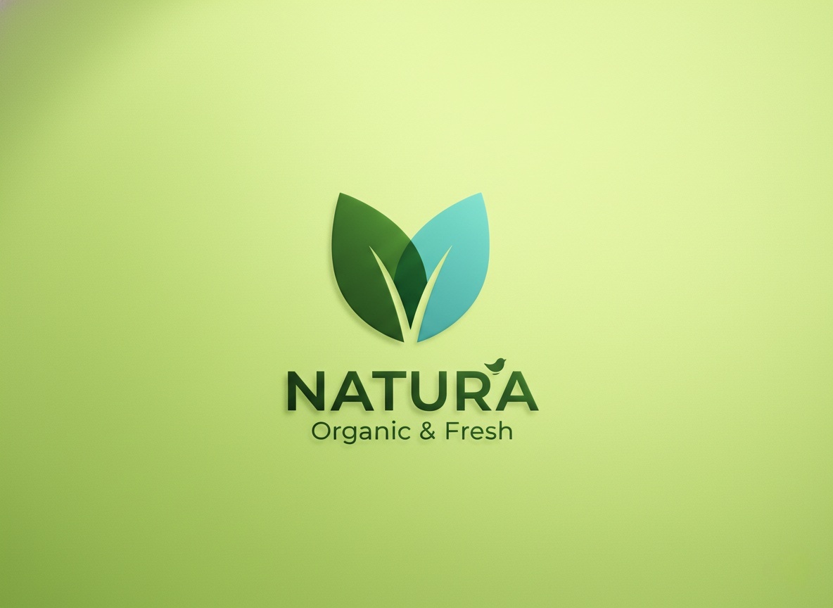 A vibrant green background showcases an AI-generated logo featuring two overlapping leaves in green and blue, with the text "NATURA Organic & Fresh" beneath them.