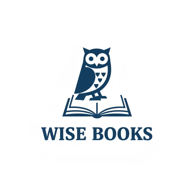 AI Logo Generator example of a “Wise Books” logo with an owl icon sitting on an open book in a clean, academic style