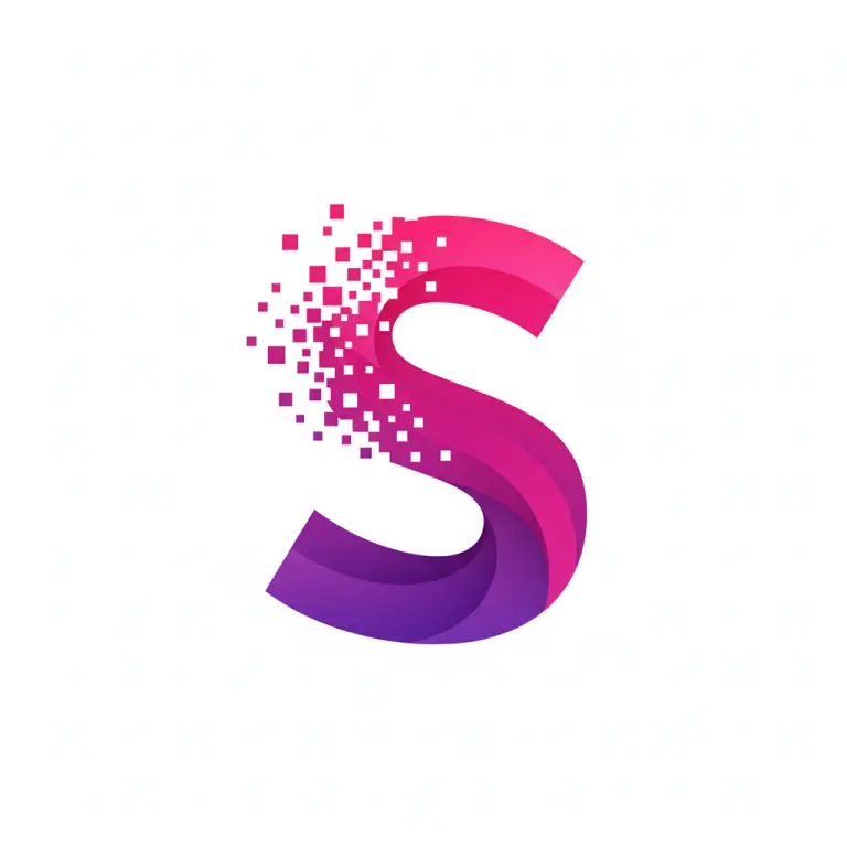 AI Logo Generator creating a gradient “S” logo with pixel dissolve effect in pink and purple tones