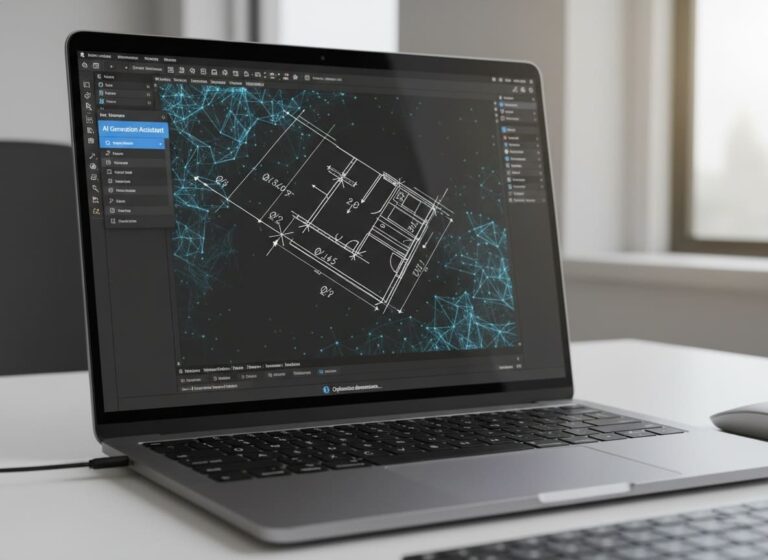 A laptop screen displays a CAD software interface with an "AI Generation Assistant" sidebar, showing a messy hand-drawn sketch being automatically traced and converted into precise engineering lines by an AI CAD generator.