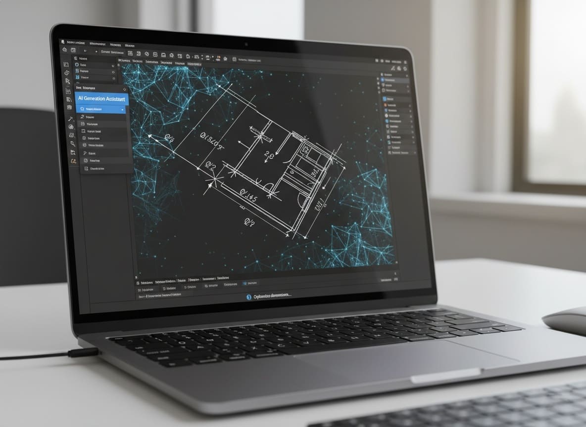 A laptop screen displays a CAD software interface with an "AI Generation Assistant" sidebar, showing a messy hand-drawn sketch being automatically traced and converted into precise engineering lines by an AI CAD generator.