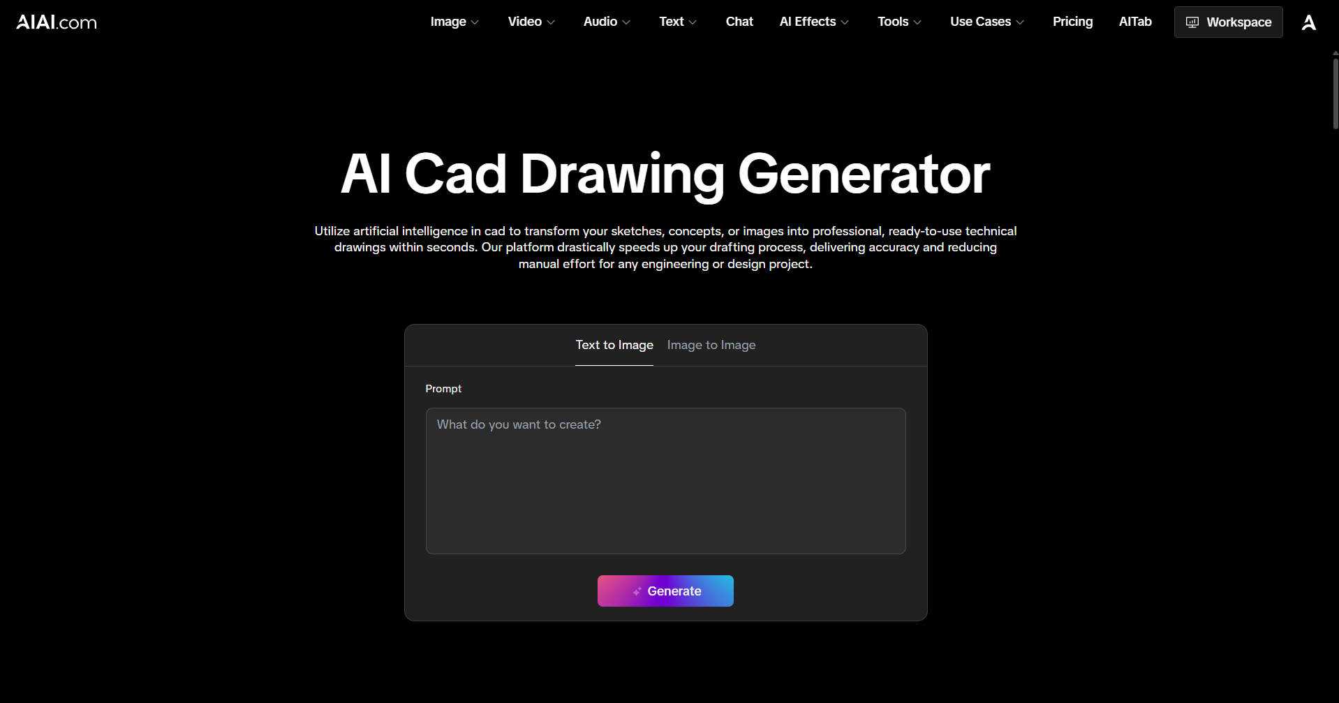 AI CAD Generator interface on AIAI.com showing automatic CAD drawing and 3D model generation from text prompt