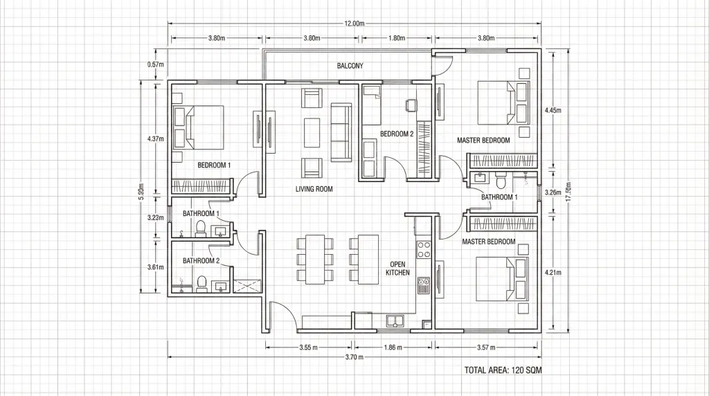 A highly detailed 2D architectural floor plan of a modern 3-bedroom apartment generated instantly using the AI Cad Drawing Generator on AIAI.com.