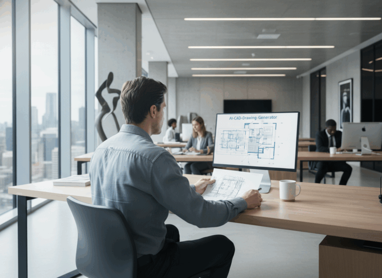 An over-the-shoulder view of an architect's modern workspace using an AI Cad Drawing Generator to instantly draft a 2D floor plan on a computer monitor.