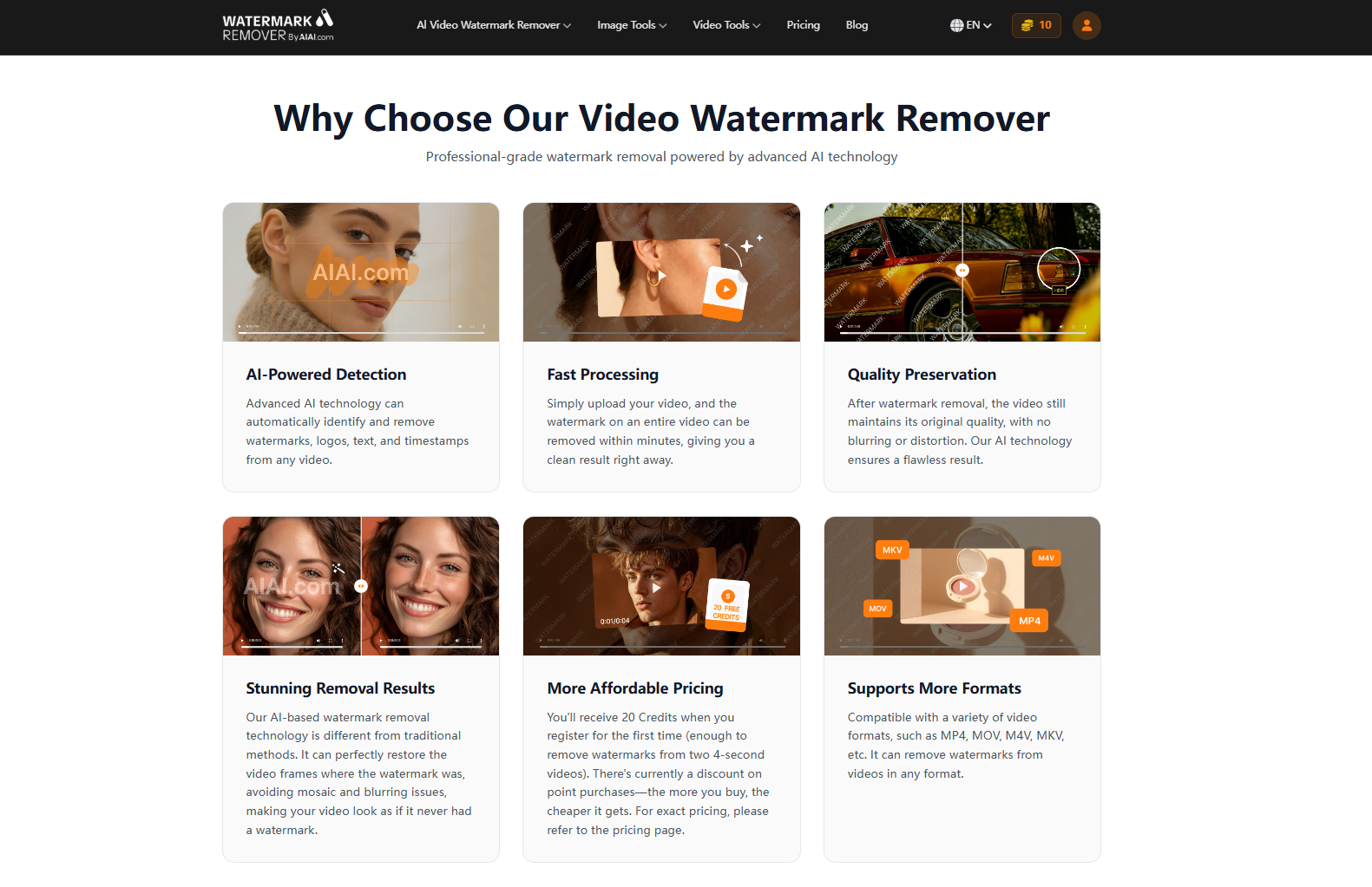 Screenshot of the AIAI website showing the AI video watermark remover interface.
