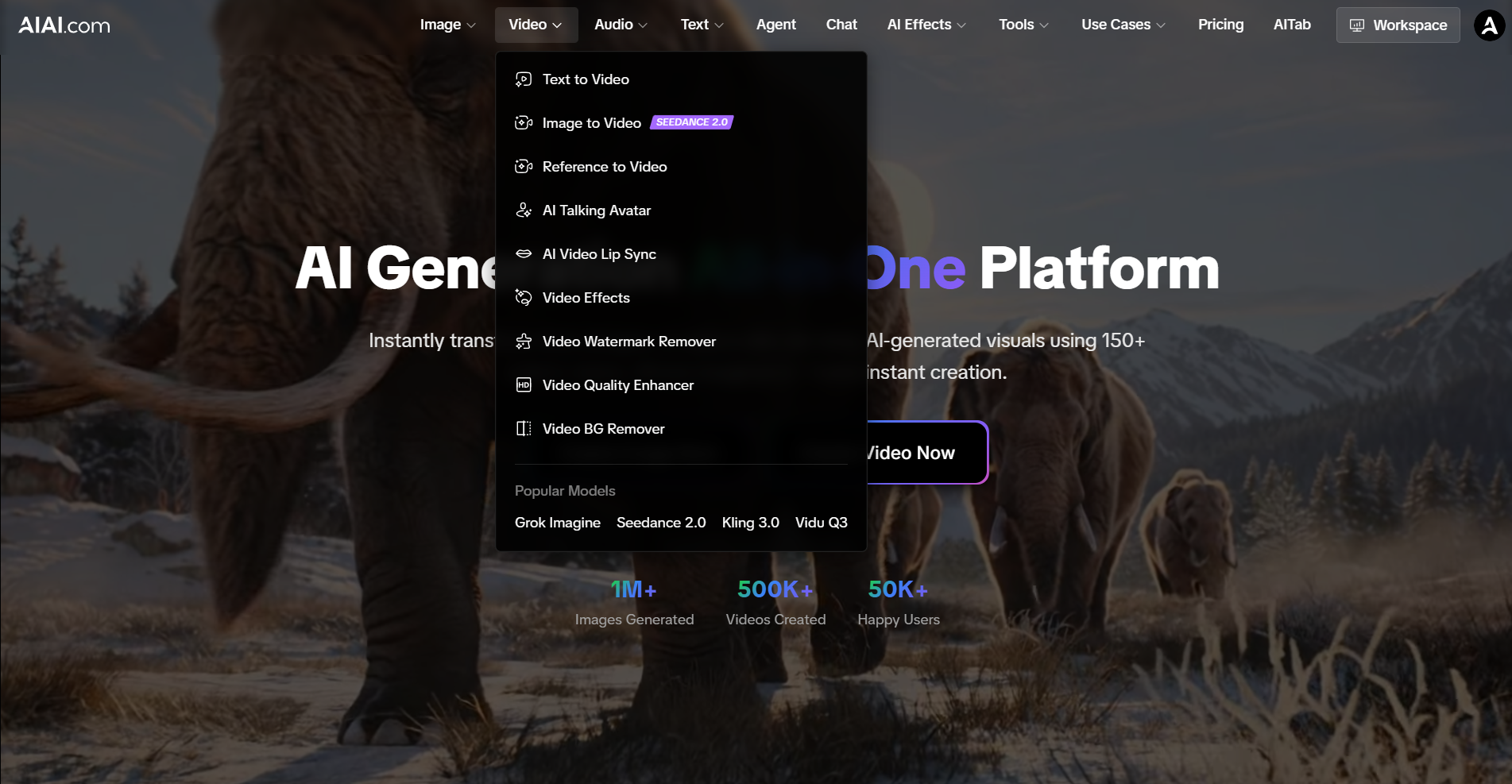 AIAI AI video generator dashboard showing tools like text to video, image to video, AI talking avatar, video watermark remover, and video quality enhancer in a clean interface