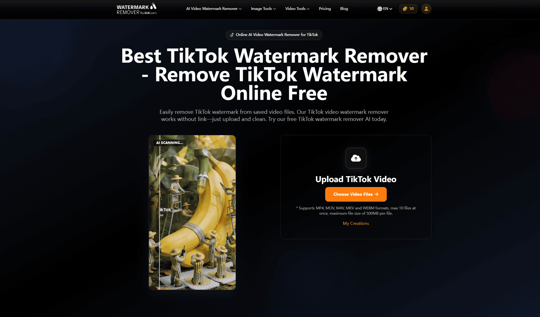Homepage of WatermarkRemover.ai featuring a "Best TikTok Watermark Remover" heading and an orange "Choose Video Files" upload button on a dark themed background.