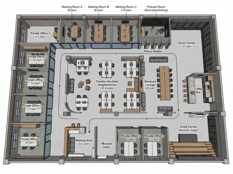 A detailed, annotated office floor plan showing the spatial layout of workstations, meeting rooms, and amenities with dimensions.