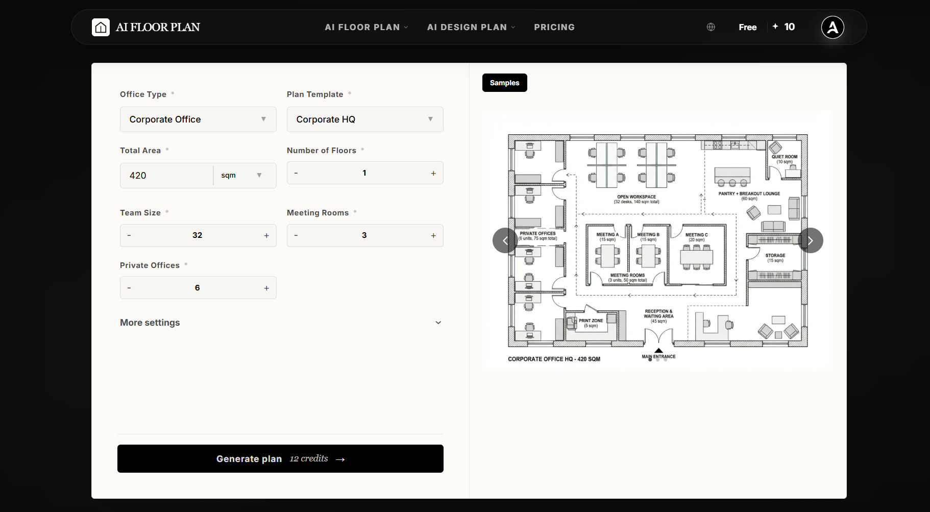 Interface of the AIAI Office Floor Plan tool featuring a configuration panel for office specifications and an AI-generated 2D layout sample with annotated zones.
