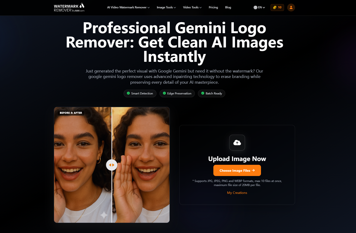A screenshot of the Gemini Logo Remover interface on the AIAI website, featuring an upload area and editing tools designed to erase AI watermarks from images.
