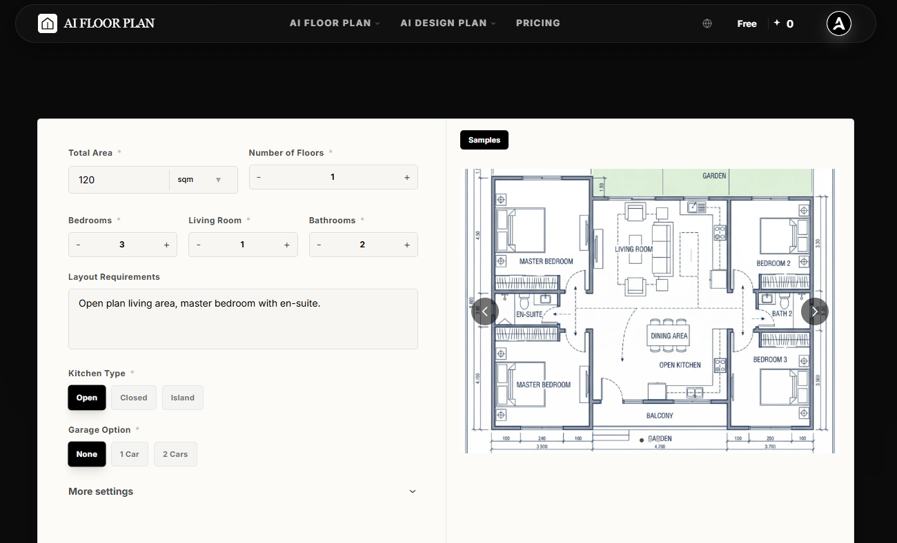 The AIAI.com user interface showing the 3-step process from generating a 2D floor plan to a photorealistic 3D interior design.