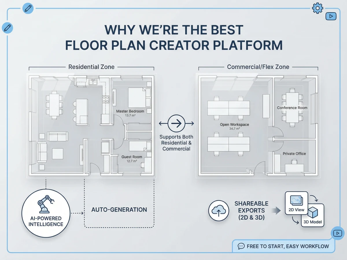 Promotional image for an AI Floor Plan Generator platform, showcasing its capabilities for both residential and commercial space design. The graphic emphasizes AI-driven auto-generation, easy sharing of 2D and 3D exports, and the platform's versatility for different property types.