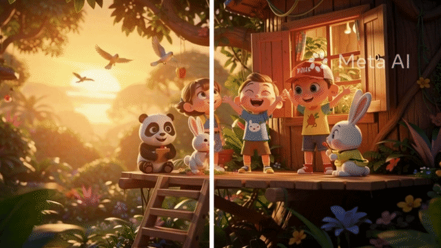 A side-by-side comparison showing a Meta AI generated video with the excessive watermark on the left, and the clean, reconstructed result on the right using the Meta Video Watermark Remover on AIAI.com.