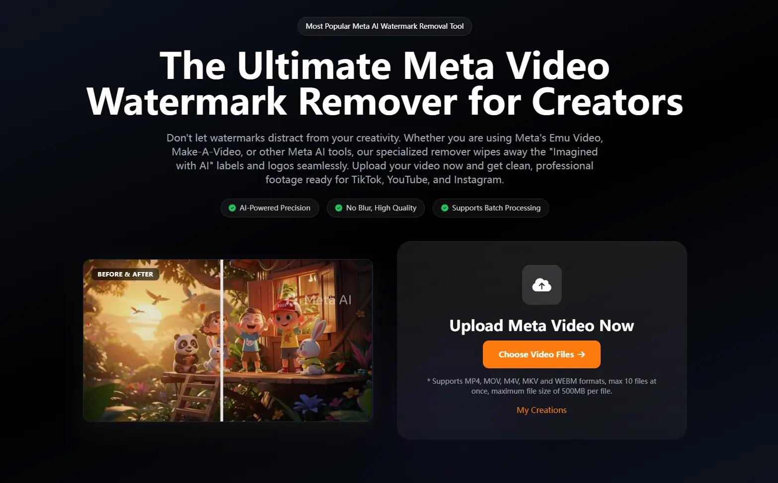 The AIAI.com user interface showing the auto-detect feature highlighting the Meta watermark before removal.