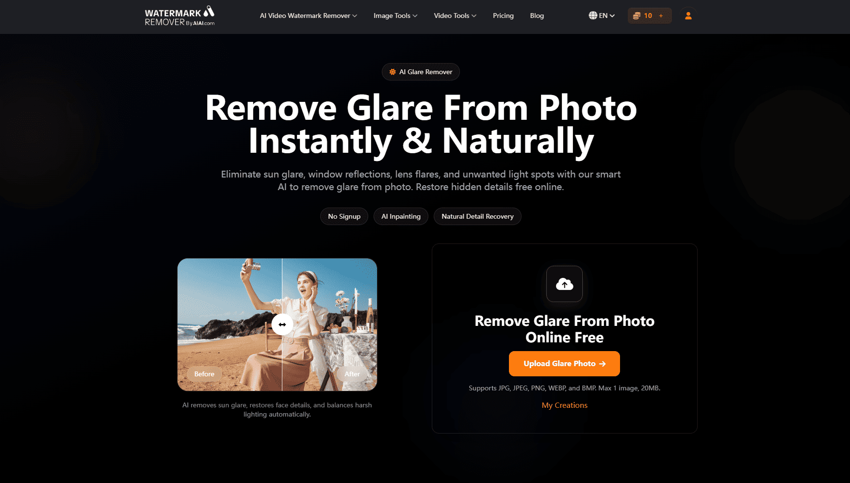 AIAI Remove Glare From Photo tool interface showing AI glare detection, automatic reflection removal workflow, and photo glare cleanup features for portraits, outdoor images, and product photography.