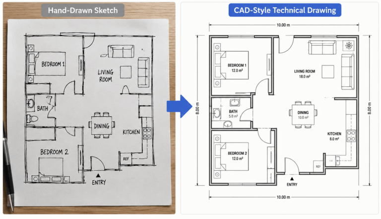A rough hand-drawn sketch transformed into a clean CAD-style technical drawing using an AI CAD Drawing Generator on AIAI.com. A few weeks ago, I was sketching a simple floor plan on paper and wondered how quickly I could turn it into a clean technical drawing without opening a complex CAD program.
