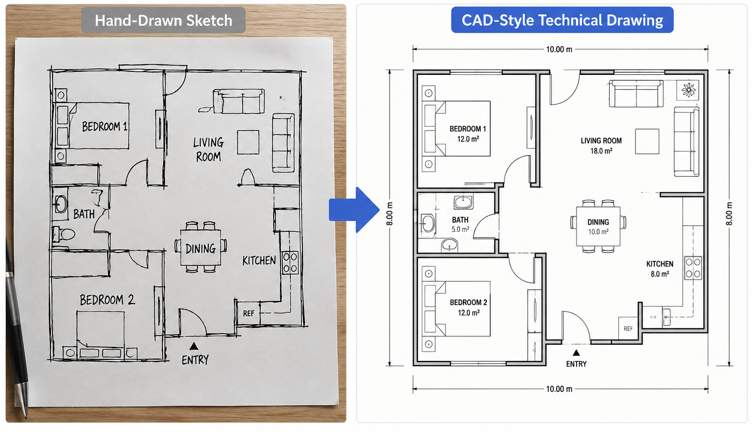 A rough hand-drawn sketch transformed into a clean CAD-style technical drawing using an AI CAD Drawing Generator on AIAI.com. A few weeks ago, I was sketching a simple floor plan on paper and wondered how quickly I could turn it into a clean technical drawing without opening a complex CAD program.