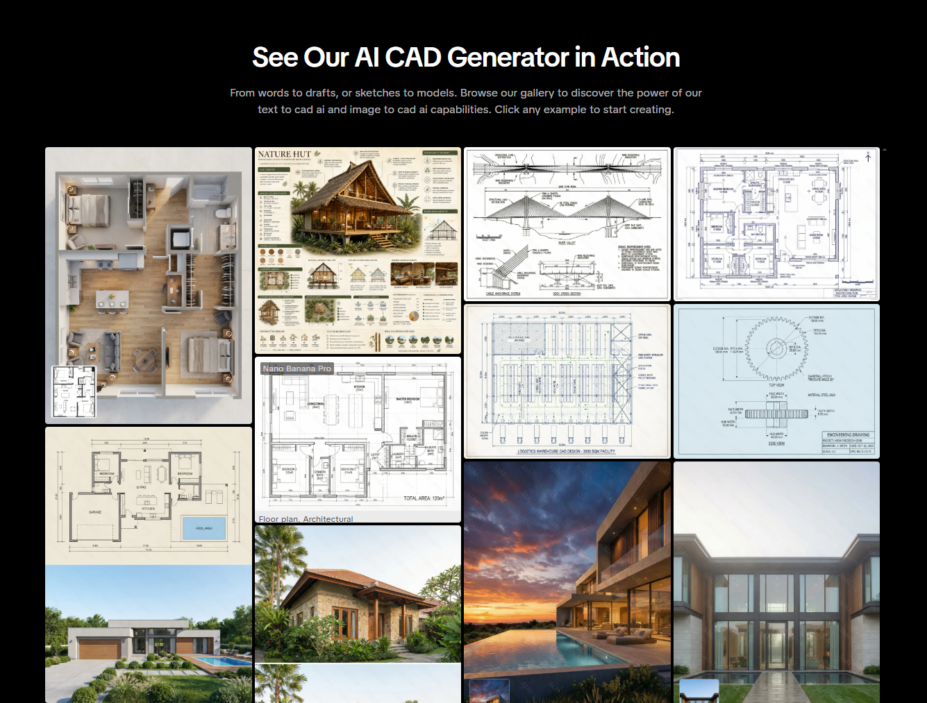 A visual gallery showcasing the AI CAD Generator in action, featuring various technical drawings created using text to CAD AI and image to CAD AI capabilities.