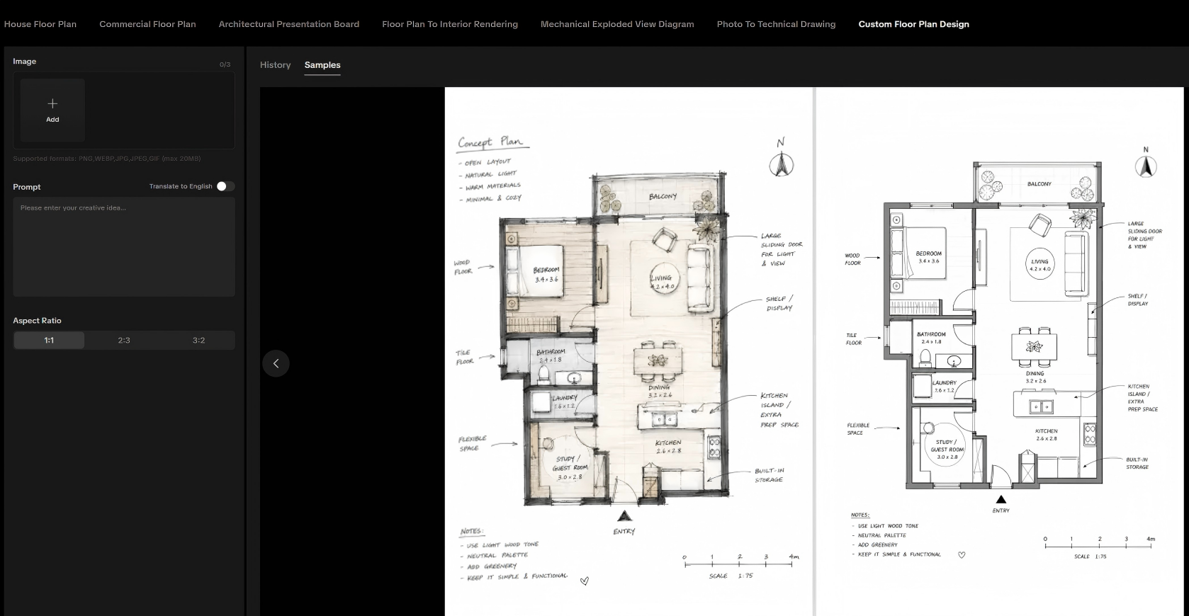 The user interface of the AIAI.com AI CAD Drawing Generator, demonstrating the 3-step process of how to generate CAD-style drawings with AI by uploading a sketch and entering a prompt.