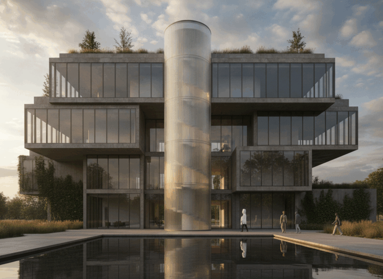 A modern concrete and glass building with multiple cantilevered sections and a prominent cylindrical glass staircase, reflected in a still pool of water at sunset.