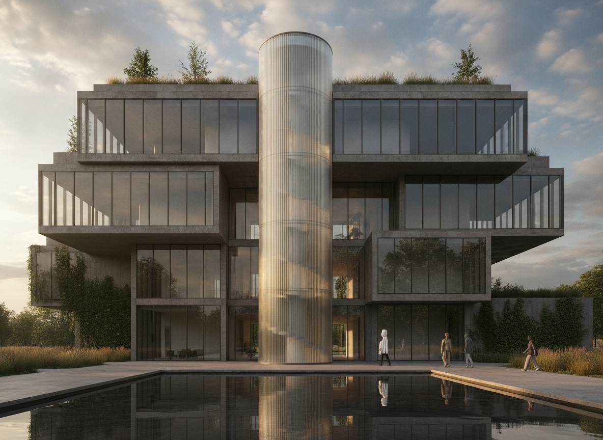 A modern concrete and glass building with multiple cantilevered sections and a prominent cylindrical glass staircase, reflected in a still pool of water at sunset.