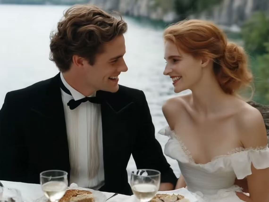 Newlywed bride and groom sharing a romantic kiss in an AI-generated wedding video created with an AI kissing video generator.