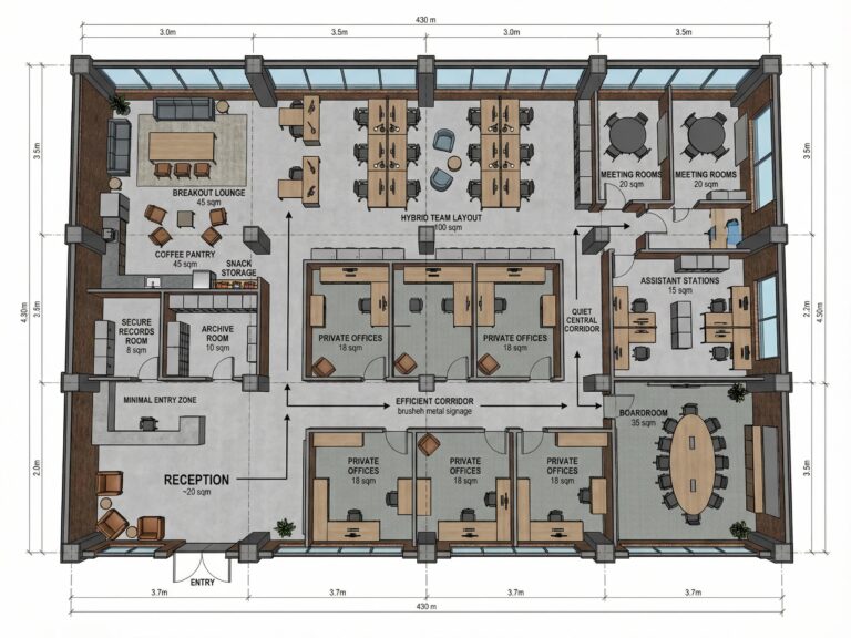 Modern office floor plan design blueprint illustrating an efficient workspace layout with open desks, conference rooms, and collaborative areas.