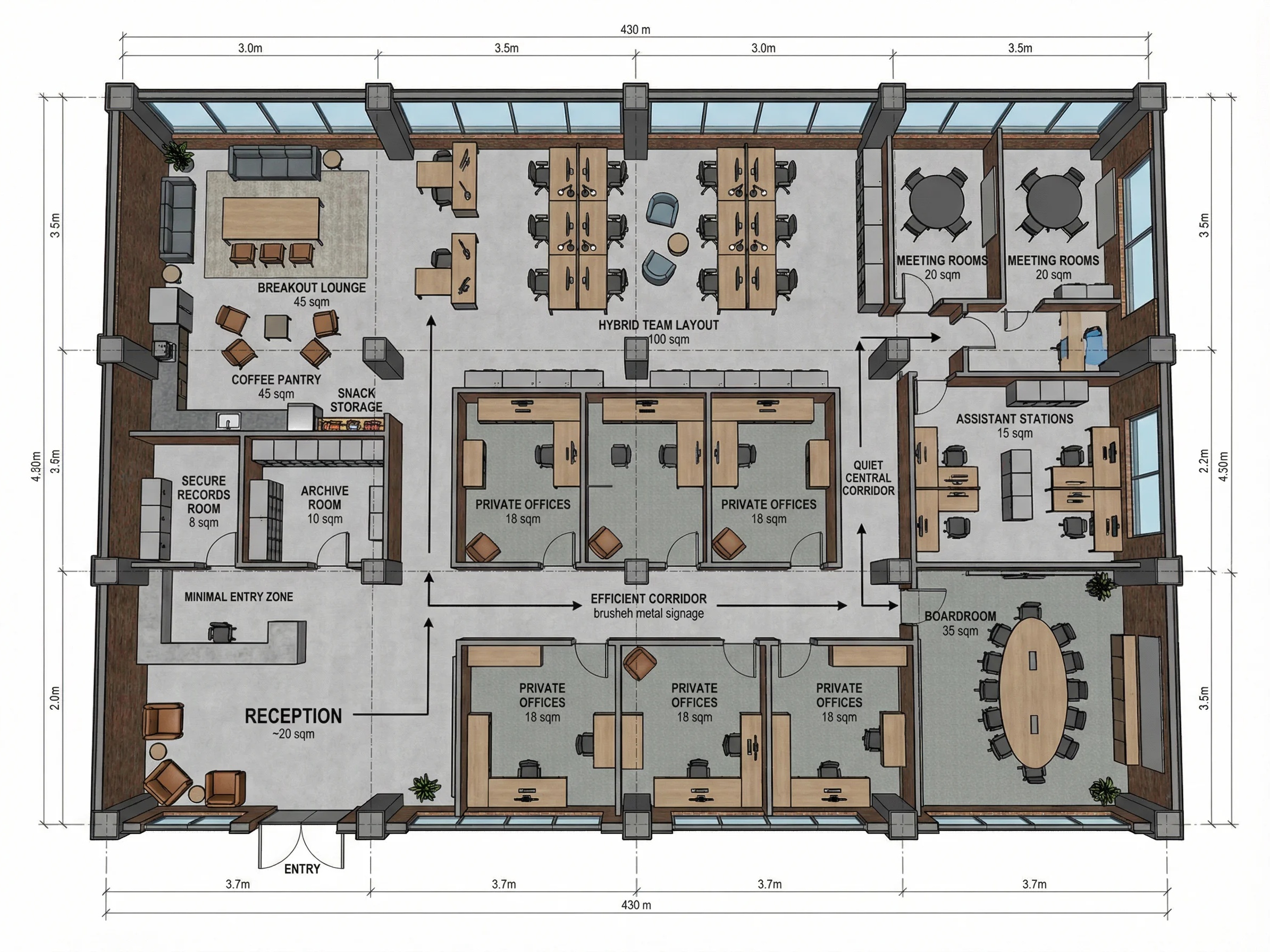 Modern office floor plan design blueprint illustrating an efficient workspace layout with open desks, conference rooms, and collaborative areas.