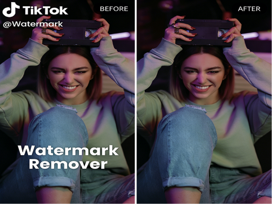 Before-and-after comparison showing a TikTok watermark remover removing the TikTok logo and username overlay from a video while preserving image quality.