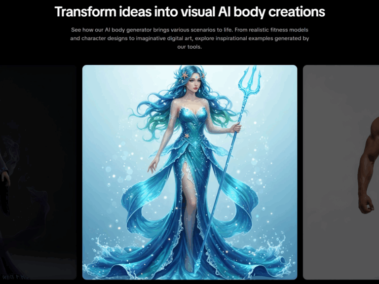 A fantasy blue mermaid character holding a trident, created by a full body AI generator.