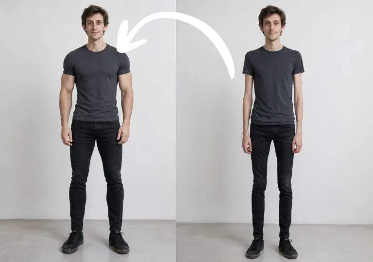 Before and after comparison of a muscular physique transformation using an AI body transformation generator.