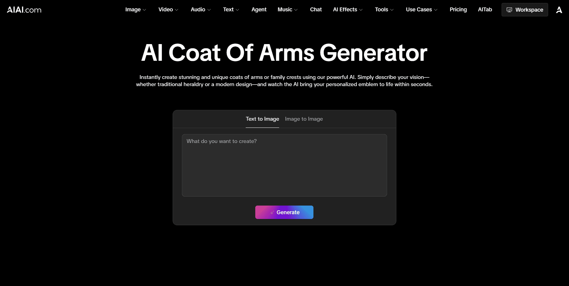 Screenshot of the AI Coat of Arms Generator page on the AIAI website.