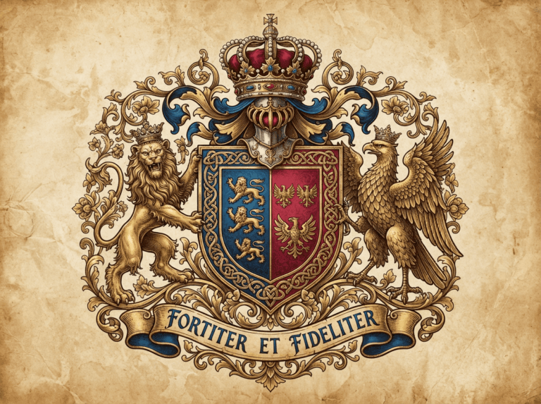 A highly detailed, ornate royal coat of arms featuring a crowned shield with golden lions and eagles, supported by a lion and an eagle, created by an AI Coat Of Arms Generator on a vintage parchment background.