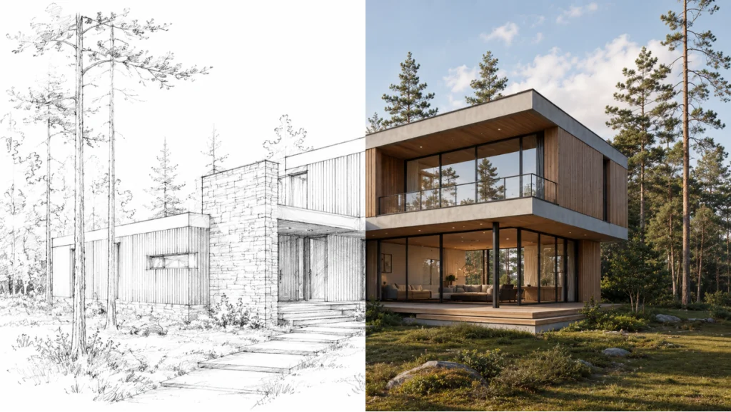 Before and after comparison of a hand-drawn coffee shop sketch transformed into a photorealistic brick storefront render using an AI architecture generator.
